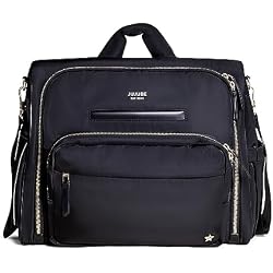 JuJuBe Convertible Diaper Bag Backpack, 14-Pocket Organizer, 15-Inch, Black | Twill weave exterior, 15 x 12 x 6.5 in, insulated bottle pocket, changing pad, stroller strap, trolley sleeve, metal hardware