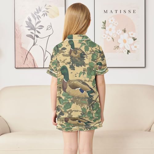 Satin Pajama Sets Short Sleeve Ducks Swimming Among Greenery Button Down Silky Nightwear 2 Piece PJS 5-14Y4