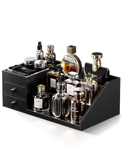 ProCase Présentoir Parfum en Bois pour Homme, Étagère Parfum à Grande Capacité avec 2 Tiroirs pour Rangement Accessoires -Noir