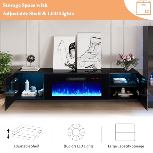 Image of AMERLIFE Floating Fireplace TV Stand, Wall Mounted Mirrored Entertainment Center with 40 inch Electric Fireplace, Modern LED Lights Media Console for TVs Up to 90 inch, Black