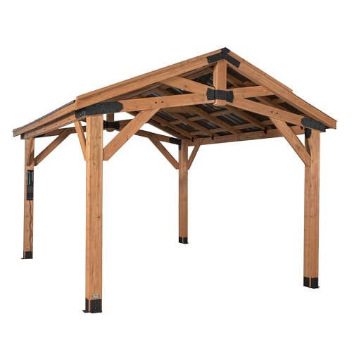 Backyard Discovery Norwood 14' x 10' Cedar Wood Outdoor Gazebo Pavilion with Hardtop Galvanized Steel Peak Roof, Snow Support, Wind Resistance, PowerPort, Shade for Garden, Patio, Deck, Entertaining