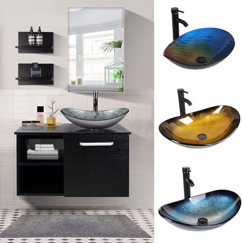 YU YUSING Set di mobili da bagno, mobiletto da bagno con lavandino, specchio, mobili da bagno con lavabo, armadietto a specchio, 2 mensole da parete, set rubinetto (argento moderno)