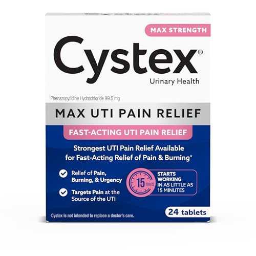 Cystex Maximum-Strength UTI Pain Relief Tablets - 99.5 mg Phenazopyridine HCl for Fast Relief of Burning, Urgency, & Bladder Discomfort - Non-Staining, Fast-Acting Formula - 24-Count