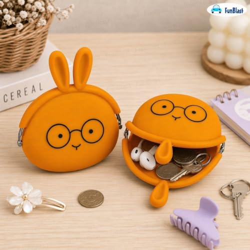 Image of FunBlast Cute Bunny Shape Silicone Coin Purse for Kids & Adults - Mini Pouch for Coins, Earphones, Keys & Small Essentials, Aesthetic Pouches for Girls & Women - 12 X 9.5 X 3 Cm (Bunny-Brown)
