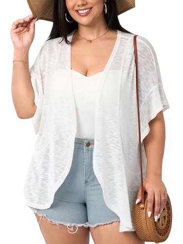 SCOMCHIC Women Plus Size Lightweight Cardigan Summer Kimono Ruffle Short Sleeve Open Front Casual Tops Beach Cover Up
