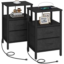 TUTOTAK End Table with Charging Station, Side Table with 1 USB & 1 USB- C type Port and Outlets, Nightstand with Cloth Drawer, Set of 2, Couch Table, Black TB01BK067