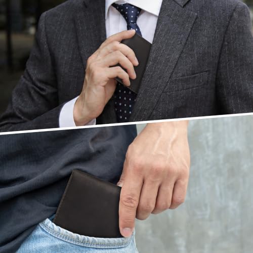 Image of Chelmon Genuine Leather Slim Wallet for Men ID Window with RFID Blocking Front Pocket Bifold Minimalist Mens Bussiness Card Holder Gift for Men, Craze Horse Coffee