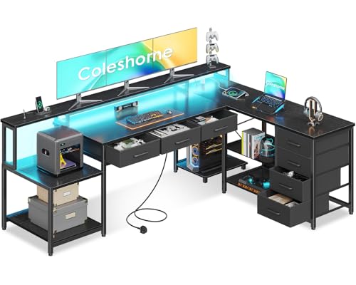 Coleshome Corner Desk with 7 File Drawers, L Shaped Computer Desk with 2 Power Outlets & LED lights, Office Table with Storage Shelves, Reversible Gaming Table with Monitor Shelf, 199.5x145.5cm, Black