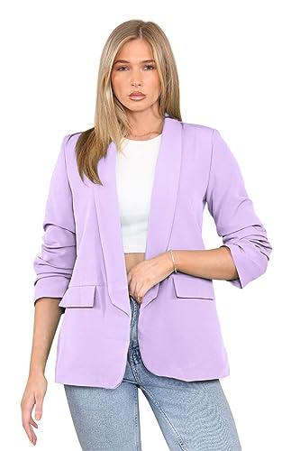 Hamishkane® Damen-Blazer, gerüschte Ärmel, offener Kragen, lässig, einfarbig, vollständig gefüttert, Damenjacken, formelle Bürokleidung, Flieder, S