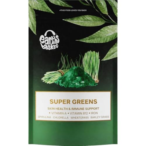 Earths Basket Organic Super Greens Powder - 100g - Blend of Spirulina, Chlorella, Wheatgrass & Barley Grass - Rich in Vitamin A, B12 & Iron