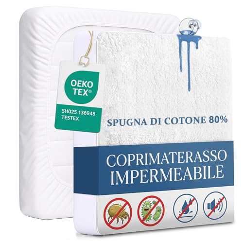 Bedecor Coprimaterasso Impermeabile Matrimoniale 160x200 cm - Top in Cotone 80% Spugna (105GSM) Traspirante, Certificato OEKO-TEX, Proteggi Materasso Anti Acari, Lavabile a 60°C, Silenzioso 30cm