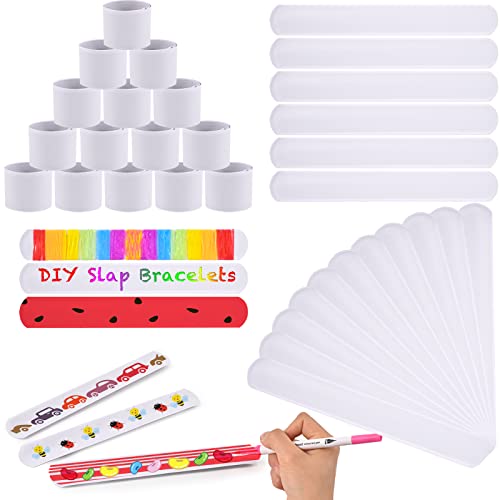 FUSHENMU 48pcs White Slap Bracelet Blank Snap Bracelet Wristband for Kids DIY Craft Painting School Project Party Favor Supply