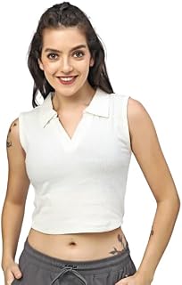 TICKLED PINK Womens & Girl's Stylish Solid Polo Collar Sleeveless Crop T-Shirt, Tops,Crop Tanks & Trendy Tops Price In India