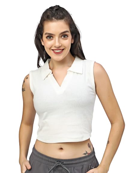 Womens & Girl's Stylish Solid Polo Collar Sleeveless Crop T-Shirt, Tops,Crop Tanks & Trendy Tops-image-46
