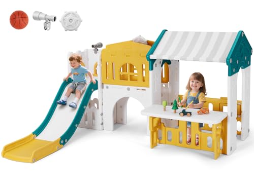 JOYLDIAS 9 in 1 Toddler Slide, Freestanding Kid Climber Slide Playset, Toddler Playhouse with Slide, Basketball Hoop and Climbing Frame, Indoor Outdoor Backyard Playground Toy for Toddlers Age 1-3+