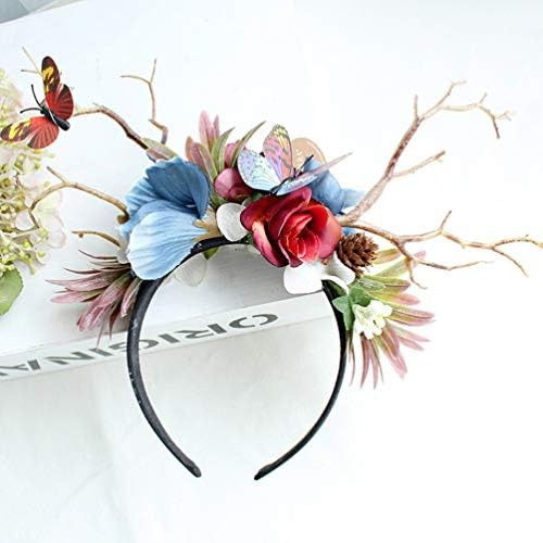 Minkissy Antlers Flowers Headband, Butterfly Flowers Antlers Hair Hoop Adjustable Flower Headband Floral Garland Crown for Christmas Party