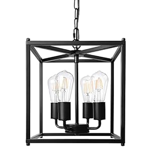 Unicozin 4-Light Black Farmhouse Chandelier, Iron Lantern Pendant Light Rustic Cage Adjustable Height, E26 Base Industrial Hanging Lights for Kitchen Island Dining Room Hallway Foyer Entryway