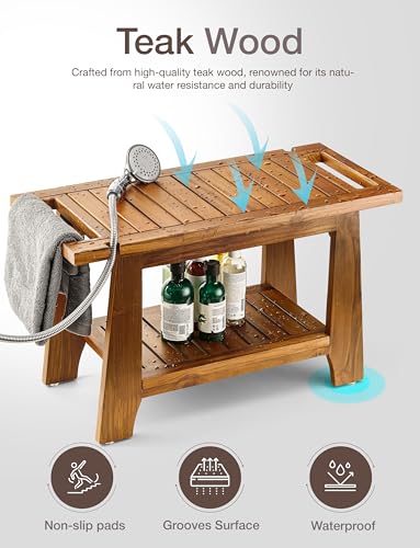 TINAMO 28\" Teak Shower Benches for Inside Shower - 400 Lbs Capacity -Wooden Shower Stool Waterproof for Shaving Legs - Bench Seat with Storage Towel Shelf for Bathroom - Chair Spa Bath Nail Shave - Thumbnail 3