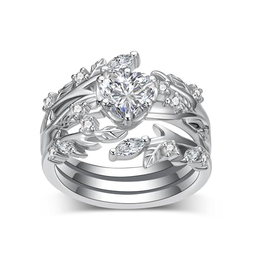 2 Carat(ctw) Heart-Cut Moissanite Engagement Rings Sets for Women,925 Sterling Silver Leaf Wedding Rings Sets,Bridal Ring Set for Anniversary Birthday