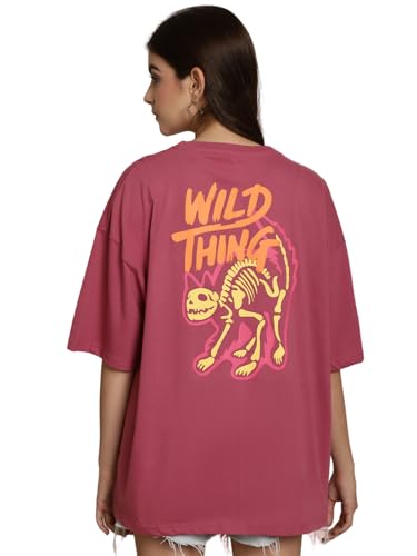 Image of Fabflee Oversized Cotton Baggy Drop Shoulder Graphic Tee with Half Sleeves | Korean Casual Loose T-Shirt for Women