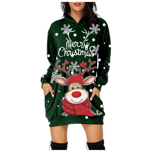Weihnachtskleid Damen Elegant Rot Weinglas Druck Merry Christmas Hoodie Kleid Sweatkleid Große Größen Warm Lang Weihnachtspullover Weihnachten...