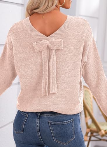 Image of EVALESS Sweaters for Women Long Sleeve Fall Outfits 2026 Back Bow Knot Sweaters Round Neck Solid Knit Pullover Tops