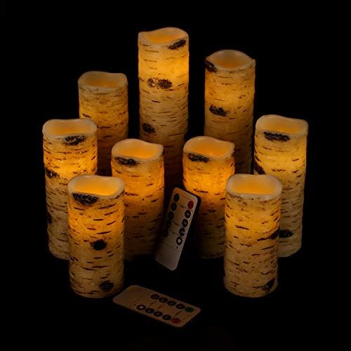 Vinkor Flameless Candles Battery Operated Candles Birch Effect 4" 5" 6" 7" 8" 9" Set of 9 Real Wax Pillar LED Candles with 10-Key Remote Control 2/4/6/8 Hours Timer