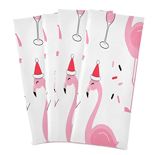 Tarity Flamingo Christmas Hat Kitchen Towels Set Of 4 Pack Soft And Absorbent Dish Towels 28X18 In Large Cleaning Cloth Hand Towels With Hanging Loop Polyester Tea Towels Dish Rags For Drying Dishes #TOP1