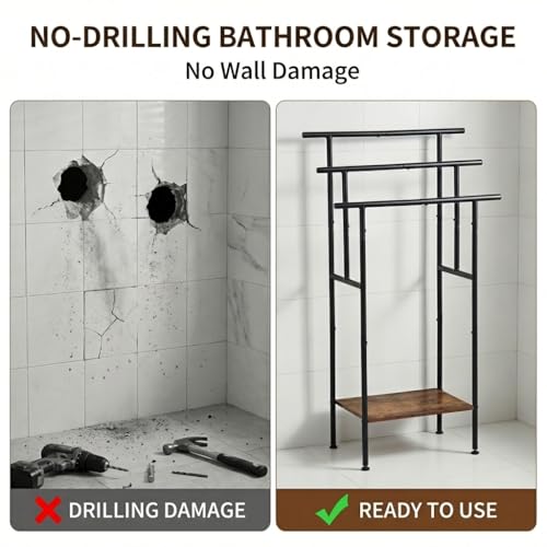 FetiNes Handtuchständer Stehend ohne Bohren, Industrie-Design Handtuchhalter mit 3 Stangen & Holzablage, Freistehendes Badregal für Badezimmer, Schlafzimmer, Flur - Platzsparend, Dunkelbraun/Schwarz