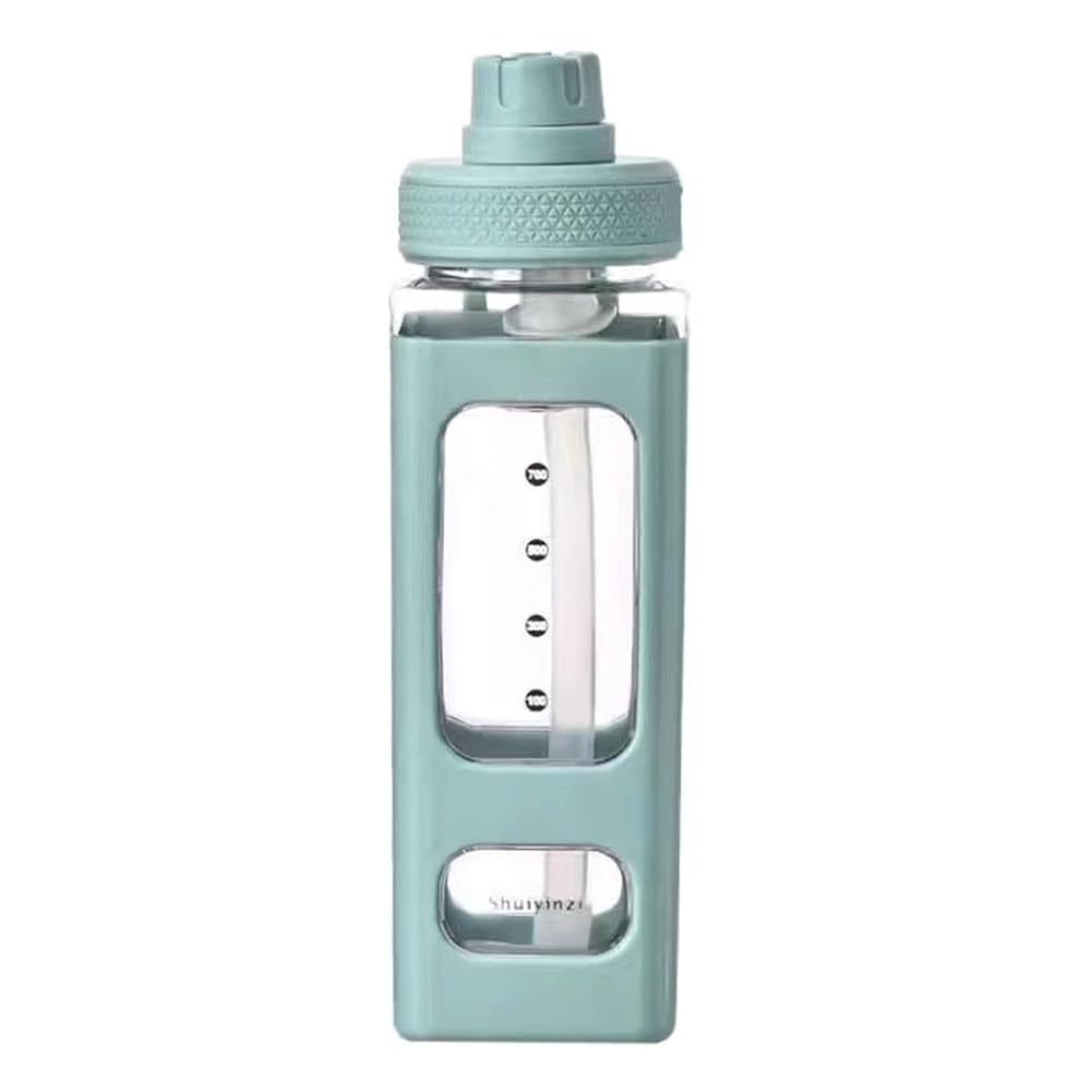 Quystetes Green Kawaii Water Bottle With Straw 3D Cute Bear Sticker Free Plastic Square Sippy Cup Poratable Drinkware 700Ml