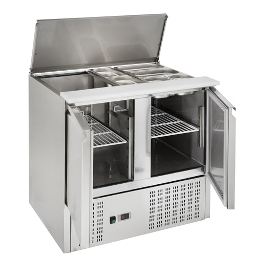 GastroHero Saladette mit Kühlung ECO 900, 240 Liter, 2 Edelstahl Türen, 2 Einlegeböden, Salatbar, Energieeffizient, Kühlvitrinen, Pizza...