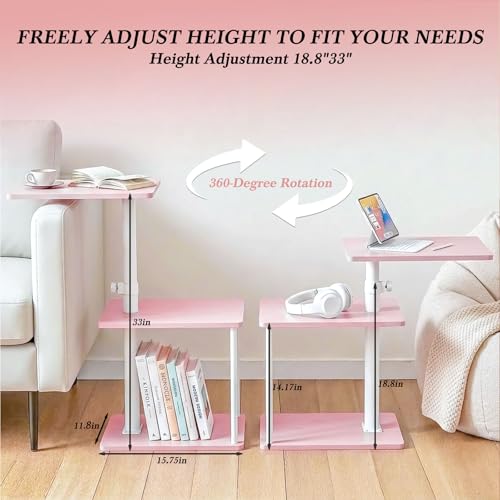 Image of Faesun Swivel Side Table for Couch Arm, Adjustable C End Table for Recliner or Bed, Tv Trays with Storage Shelf for Small Spaces Small Nightstand Table for Living Room, Bedroom,Pink