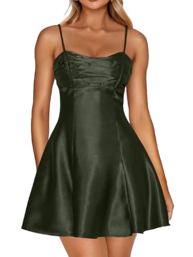 Image of LAGSHIAN Women's Summer Satin Spaghetti Strap A-line Mini Dresses Bodycon Sleeveless Silky Night Out Short Dress