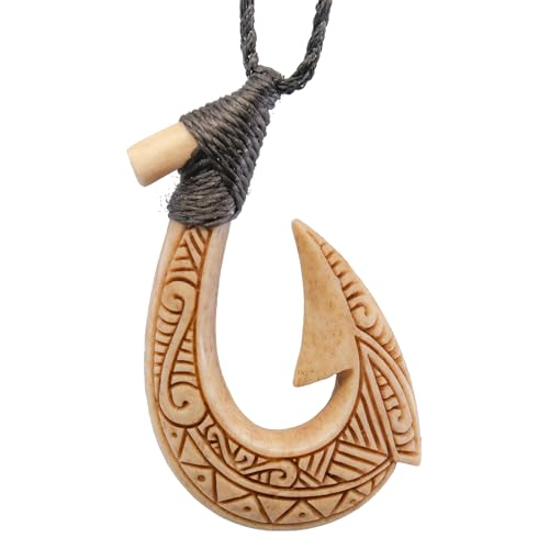 Aged bone Hawaiian fish hook necklace with scrimshaw. Hand carved.