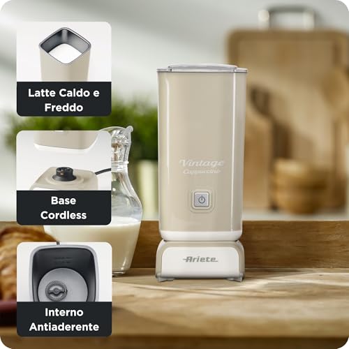 Image of Ariete Vintage 4 in 1 Premium Milk Frother by DeLonghi, Hot and cold milk frother or Cappuccinatore with non-stick interior coating - Latte, Cappuccino, Hot chocolate, Iced coffee, foamed milk (Beige)