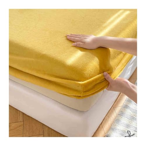 Sábana de cama ajustable y elástica de forro polar coral para camas de 90 x 200 cm a 200 x 220 cm, ropa de cama térmica suave para invierno, color amarillo, 150 x 200 cm + 2 fundas de almohada de 48 x