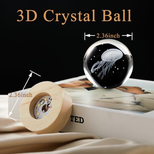 Image of 3D Jellyfish Crystal Ball Lamp with Dimmable LED and Wooden Base, Night Light for Kids Teens Adults, Home Desk Office Bedroom Decor, Birthday Gift (2.4 inch / 6cm)