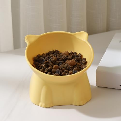 Comedero de plástico PP para Gatos, comedero Elevado inclinable 15°, Apto para Mascotas pequeñas, antivómitos, Bebedero,1 Pieza (Amarillo)