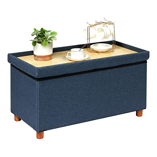 Pinplus Storage Ottoman Bench With Wooden Legs, Navy Blue Ottoman Modern Fabric Coffee Table Top Cover With Tray, Long Shoes Bench With Upholstered For Bedroom Living Room Hallway, 30 Inches #TOP3