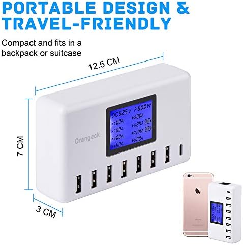 Orangeck USB Charger, 60W 8-Port Desktop Charging Station, Multi-Port USB Charger with LCD Digital Display, USB Wall Charger for iPhone XS XR XS MAX, iPad, Samsung Galaxy, Android Phones