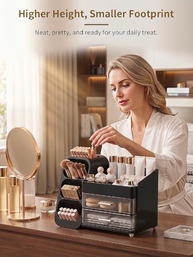 Image of Booklov Makeup Organizer for Vanity, Large Capacity Cosmetic Display Case with Drawers, Countertop Beauty Storage Holder for Skincare, Brush Eyeliner Perfume Eyeshadow Lipsticks, Counter Desk, Black