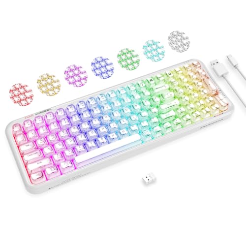 Image of FOPETT Wireless Computer Keyboard with RGB Backlit, Tri-Mode Bluetooth 5.0 /USB-C /2.4GHz Ergonomic Gaming Keyboard - Full-Size Rechargeable Transparent Keycap for Laptop /Windows /PC - White
