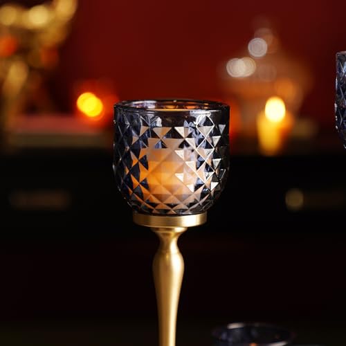 Image of Pure Home Blue Diamond Cut Hurricane - Small | Size: 9X9X21CM | Premium Hurricanes for Home Decor | Table Top & Shelf Decor Showpiece | Ideal for Diwali & Festive Gifting | Perfect for Living | Pack of 1