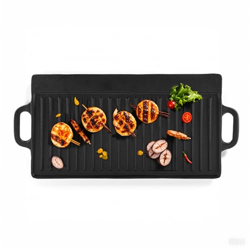 Ejoyous Piastra antiaderente in ghisa, rettangolare, nera, con superficie liscia e griglia increspata, pronta per l'uso, adatta per fornelli a gas, induzione, barbecue e falò