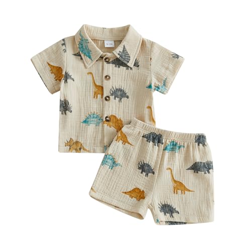 WZTYYDS Toddler Boy Summer Clothes Baby Dinosaur Outfit Short Sleeve Button Down Collared Shirt Tops Shorts Set (Beige Dinosaur 3-4T)