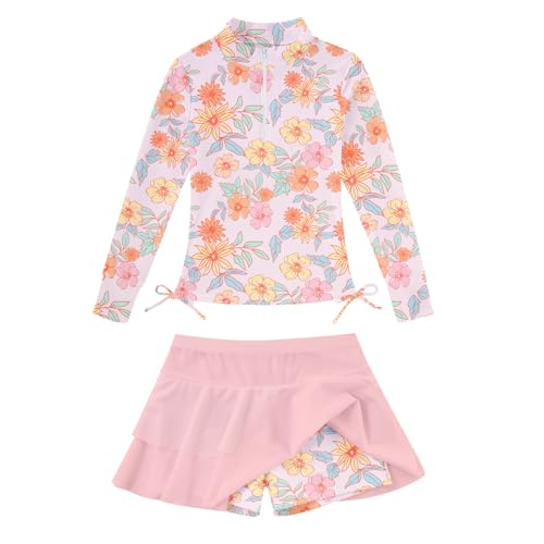 Girl's Two Piece Pink Flower Bathing Suits with Cover-ups Skirts for Girls 7 8 Years Long Sleeve Rash Guard Swimsuits Size 6-8 Kids Sun Protection UPF 50+ Beach Swimwear for Swimming Sets