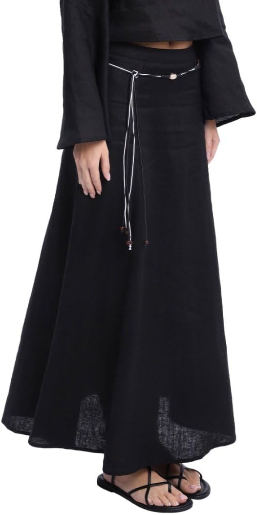 Amazhiyu Women's 100% Linen A-line Maxi Skirt with Matching Belt Summer Casual