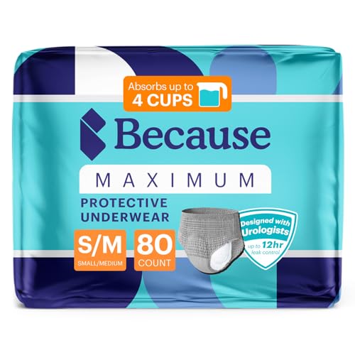 Because Maximum Incontinence Underwear for Men - Heavy Bladder Leak Protection, Ideal for Overnight Leakage, Sleek, Invisible Fit, Grey, Small/Medium -Absorbs 4 Cups - 80 Count (4 Packs of 20)