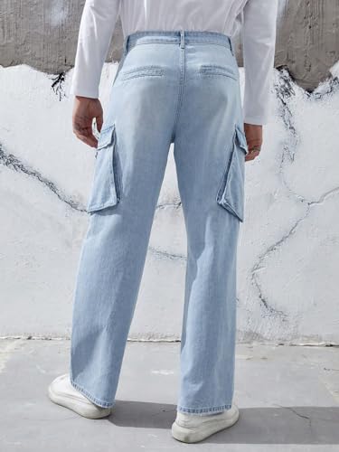 Image of KOTTY Men's Loose Fit Cargo Denim Jeans - Vintage Washed Utility Jeans with Side Pockets