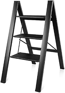 BQKOZFIN 3-Step Ladder Lightweight Folding Aluminum Step Stool 330 lbs Capacity with Anti-Slip Wide Pedal for Household, Office, Garage, Garden, Painting, Black